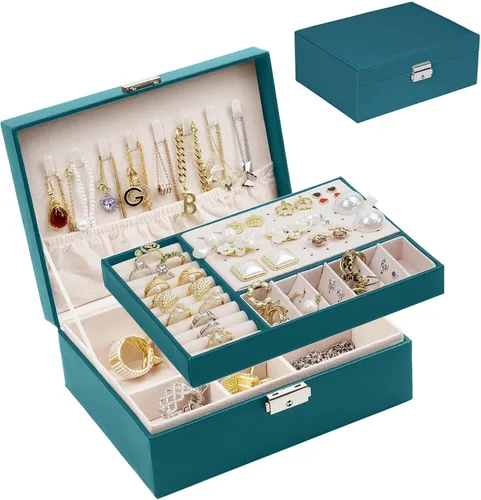 SYCARON Joyero organizador para mujeres y niñas, estuche organizador de joyas de 2 capas, caja de almacenamiento de joyería de piel sintética con