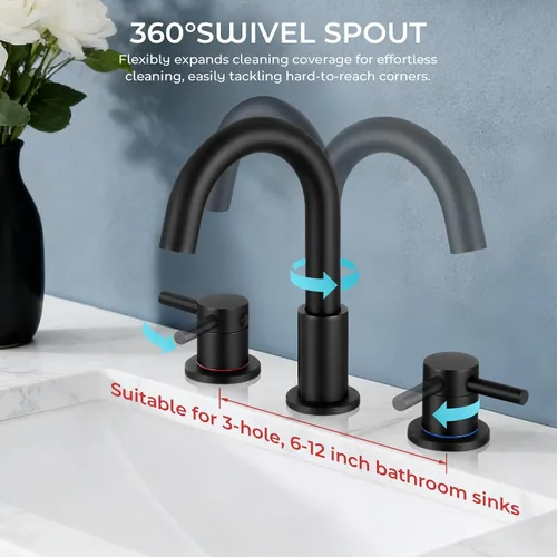 Miniatura 3 de FGKQ Grifo de baño negro para lavabo de 3 orificios, grifo de lavabo de baño con desagüe emergente, grifo de tocador extendido de 8 pulgadas de 3
