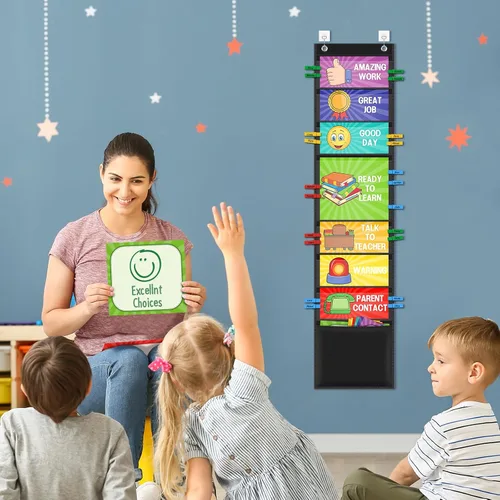 Miniatura 7 de Tabla de comportamiento para la gestión del aula con clips y bolsillos, sistema de recompensa para estudiantes para niños, herramientas