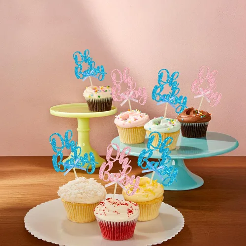 Miniatura 8 de Gyufise 36 piezas de decoraciones para cupcakes Oh Baby, arcoíris rosa y azul con purpurina, para baby shower, revelación de género, cupcakes para B