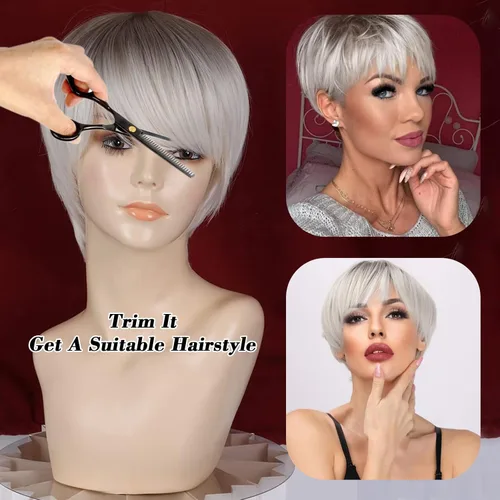 Miniatura 2 de Creamily Peluca corta rubia de corte Pixie con flequillo para mujer, pelucas sintéticas en capas onduladas con raíces oscuras para mujer, peluca