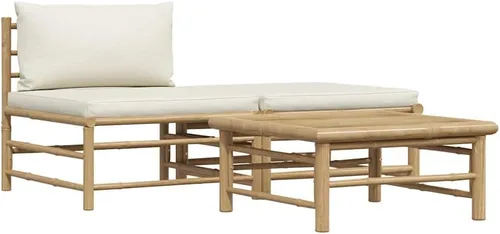 Miniatura 11 de vidaXL Juego de sala de patio de 3 piezas con elegantes cojines gris oscuro, muebles de exterior de bambú, sofá medio, reposapiés, mesa auxiliar
