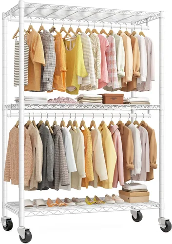 Miniatura 8 de Raybee Perchero de ropa de 45 pulgadas de ancho para colgar ropa, perchero con ruedas y pies ajustables, carga máxima de 440 libras, color negro