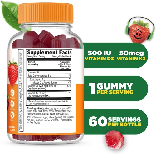 Miniatura 2 de Lifeable Gomitas de vitamina D3 K2 para niños 500iu D3 y K2 100mcg Suplementos D3 y K2 de gran sabor para salud e inmunidad ósea VIT D3 K2
