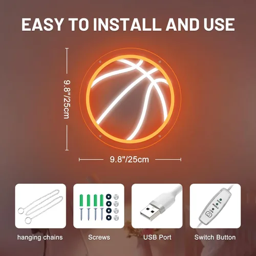 Miniatura 2 de Letrero de neón de baloncesto, 9.84 x 9.84 pulgadas, luz de neón LED de baloncesto, alimentado por USB con interruptor regulable, letrero LED
