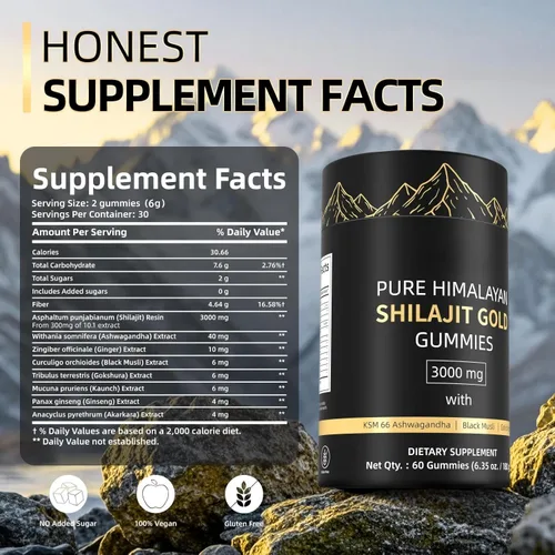Miniatura 2 de Gomitas Shilajit del Himalaya de 3000 mg doradas para hombres y mujeres, orgánicas y naturales con más de 85 minerales esenciales y ácido fúlvico