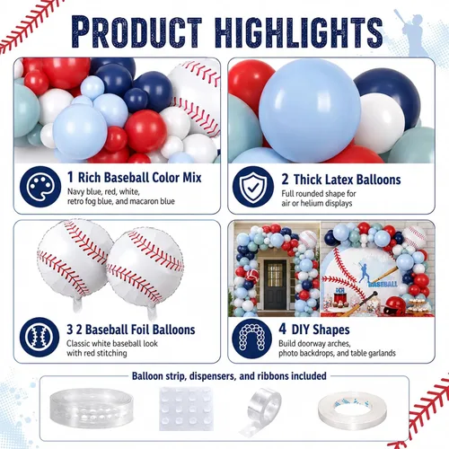 Miniatura 8 de FunHot Kit de guirnalda de arco de globos de béisbol, guirnalda de globos azul marino y rojo con globos blancos, globos de papel de aluminio