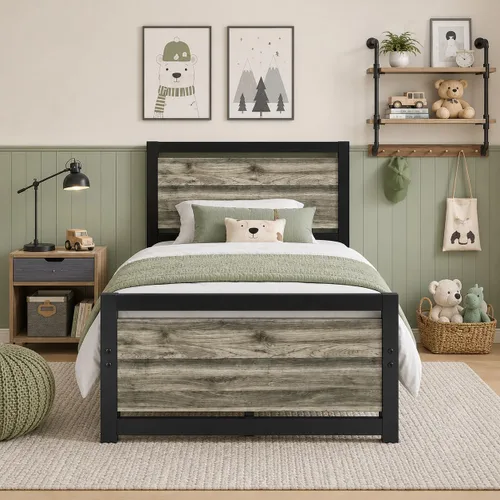 Miniatura 8 de Catrimown - Marcos de cama tamaño individual, marcos de cama individuales con cabecero y pie de cama, marco de cama de plataforma individual de Gris
