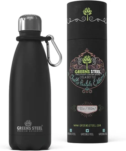 Greens Steel Botella de agua de acero inoxidable, 12 onzas, color negro, doble pared aislada al vacío con tapa de rosca y a prueba de fugas, termo