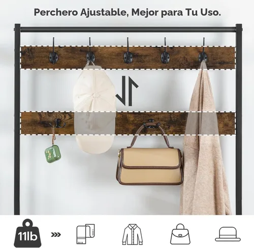Miniatura 6 de HOOBRO Árbol de pasillo, perchero con zapatero, árbol de pasillo con banco, organizador de almacenamiento de zapatos de 5 niveles con 9 ganchos