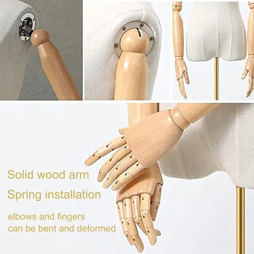 Miniatura 5 de Maniquí Femenino Forma de Vestido Torso, Cuerpo de Maniquí de Exhibición con Cabeza Desmontable, Manos de Madera y Soporte Dorado de Altura