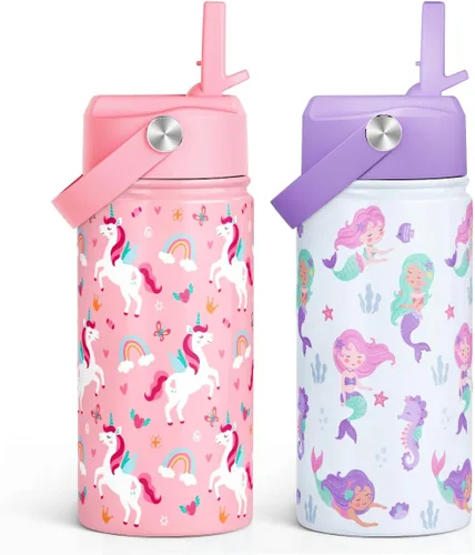 Miniatura 34 de SANDJEST Botella de Agua para Niños con Tapa de Pajita - 12 Oz Botella de Acero Inoxidable Aislada con Dibujo de Animales para Niños y Niñas - Taza