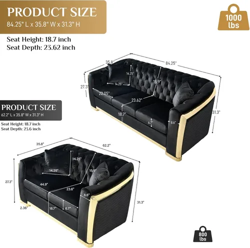 Miniatura 2 de DAMAIFROM Sofá Chesterfield moderno de mediados de siglo, sofá de terciopelo de 62"+84" pulgadas, sofá de terciopelo negro y dorado, sofá curvo