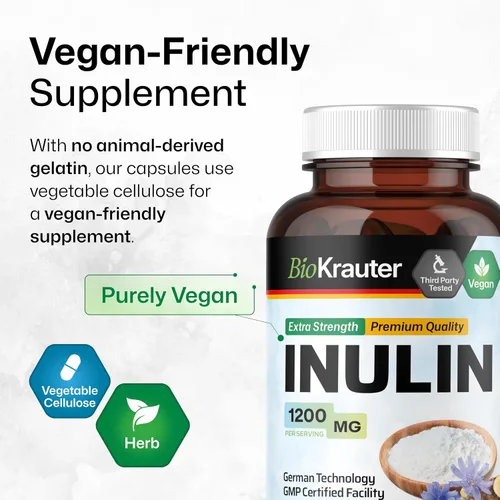 Miniatura 6 de BIO KRAUTER Polvo de inulina de raíz de achicoria en cápsulas de 1200 mg por porción, 100 unidades, fibra prebiótica de inulina vegana y pura