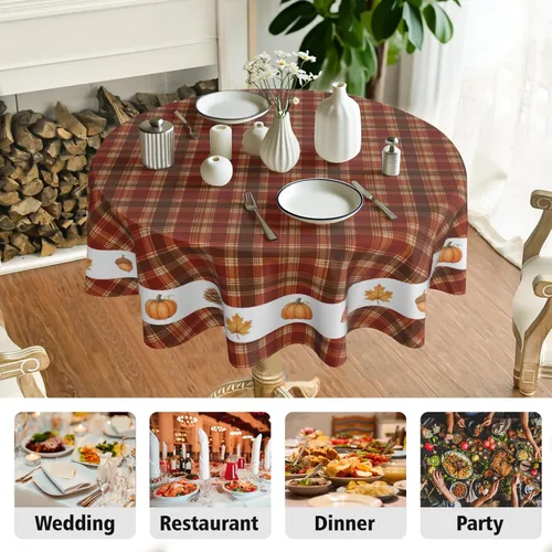 Miniatura 4 de Fall Tablecloth Round 60 Inch Autumn Thanksgiving Table Cloths Circle Pumpkin Buffalo Plaids Table Cloth Rustic Farmhouse Tablecloth for Holiday