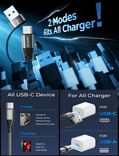 Miniatura 3 de Cable AINOPE USB C a USB C, Cable USB C de 1.8 m de Carga Rápida con Adaptador USB a USB C, Cable USB a USBC de 60W para iPhone 17 Pro Max Air, Negro