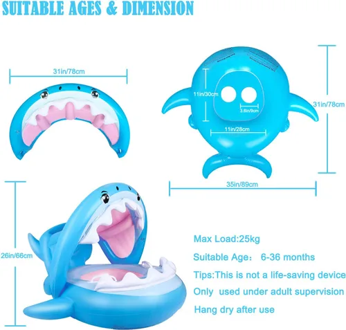 Miniatura 4 de Flotador de piscina para bebés con toldo inflable de tiburón para niños de 6 a 36 meses