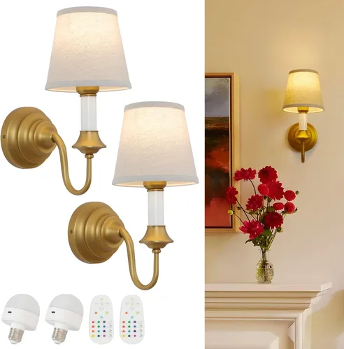 Juego de 2 apliques de pared vintage que funcionan con pilas, lámpara de pared de latón dorado con pantalla de tela de lino, regulable, recargable,