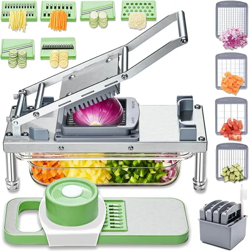 Cortador de verduras de acero inoxidable con 10 cuchillas - Cortador de mandolina - Cortador de alimentos profesional con recipiente - Cortador de