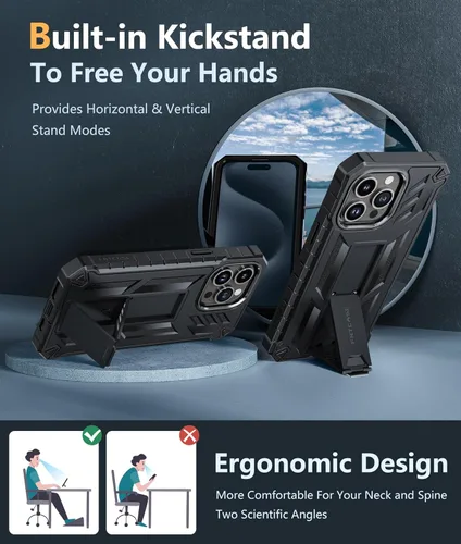 Miniatura 3 de FNTCASE Funda para iPhone 15-Pro-Max: Cubierta protectora resistente de grado militar a prueba de caídas para teléfono celular con soporte y Negro