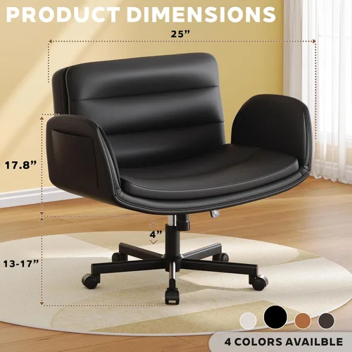 Miniatura 2 de Silla cruzada con brazos abatibles y ruedas giratorias, silla de tocador con altura ajustable y bolsillos laterales, cómodo asiento ancho Negro