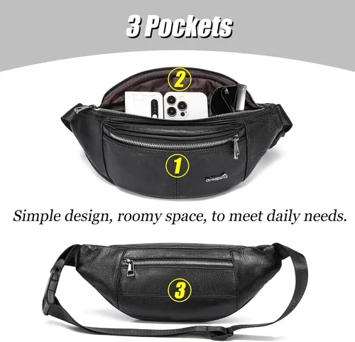 Miniatura 5 de Riñonera de cuero negro para hombres y mujeres, bolsa de cintura de cuero genuino con correa ajustable para caminar, senderismo, ciclismo, C805#Negro