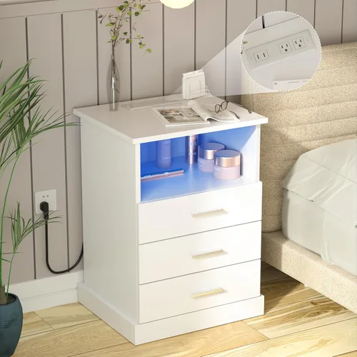 Miniatura 12 de Halitaa Mesita de noche LED negra con estación de carga, mesa auxiliar con 3 cajones y luz, mesa de cabecera con almacenamiento abierto, gabinete