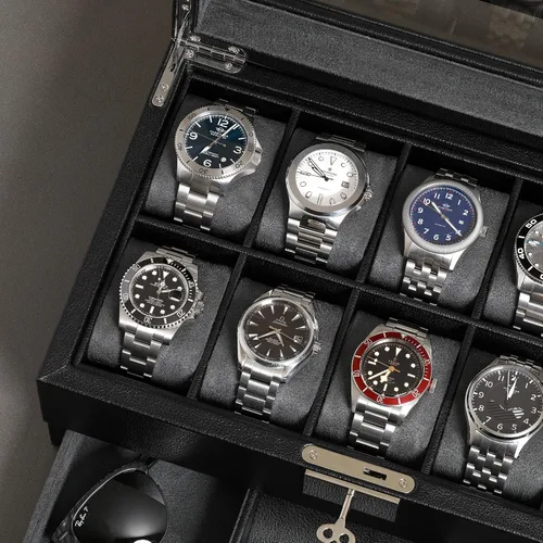 Miniatura 22 de ROTHWELL Caja de reloj de cuero de 10 ranuras con cajón de valet, organizador de exhibición de lujo con forro de microgamuza ultrasuave, soporte