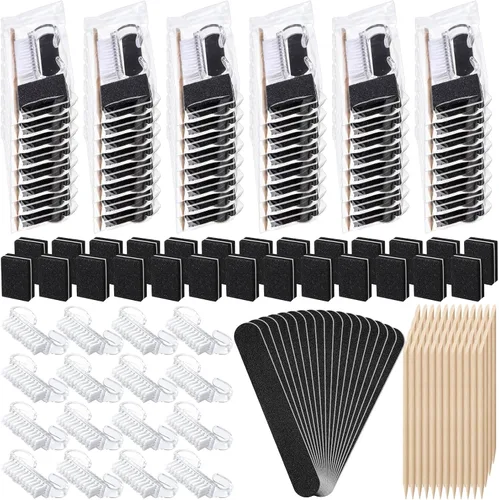 100 Sets Disposable Professional Manicure Kit Basic 4 Piece Nail Kit Wood Nail File 100/180 Grit, Mini Buffer 80/100 Grit, Handle Grip Brush and