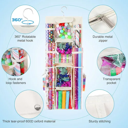 Miniatura 3 de Freegrace Organizador de papel de regalo colgante de doble cara – Bolsa grande de almacenamiento de papel de regalo de 16 x 41 pulgadas – Bolsa