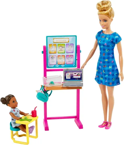 Miniatura 3 de Barbie Juego de carreras, profesora de escuela con muñeca rubia de moda, muñeca estudiante pequeña morena, pizarra giratoria, escritorio y más