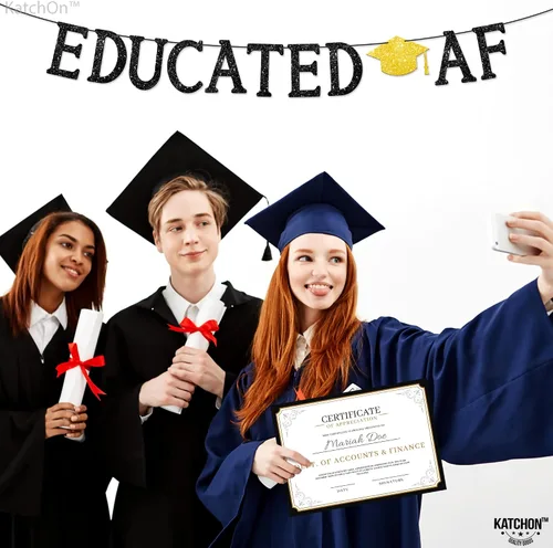 Miniatura 6 de KatchOn, Cartel de AF educado negro con purpurina – 10 pies, sin bricolaje Cartel de graduación 2026, decoraciones de fiesta de graduación 2026