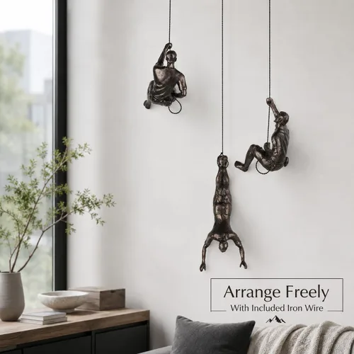 Miniatura 3 de Gran conjunto de 3 esculturas de pared de hombres escalando Arte decorativo de pared nórdica de simplicidad moderna, esculturas de hombre escalador
