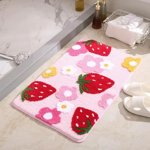 Tapete de baño suave y acogedor con diseño de fresa, antideslizante, lavable, lanudo para dormitorio, tapete absorbente de flores, tapete para Rosado
