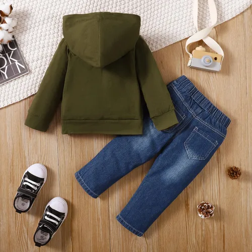Miniatura 2 de WESIDOM Ropa de bebé niño, sudadera con capucha de impresión de manga larga con pantalones de mezclilla conjunto