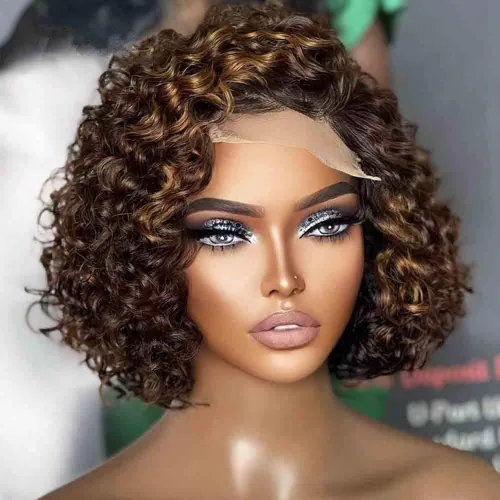 Miniatura 5 de Pelucas cortas de cabello humano rizado estilo Bob con reflejos, pelucas de encaje frontal HD de 13 x 4, pelucas de cabello brasileño con corte