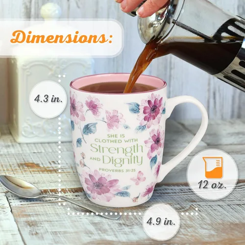 Miniatura 2 de Christian Art Gifts Taza inspiradora de cerámica para café y té para mujeres: Fuerza y Dignidad Versículo Bíblico Alentador de Proverbios, vajilla