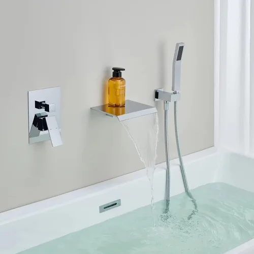 Miniatura 3 de Wowkk Grifo de Bañera de Montaje en Pared Relleno de Tina Cascada Grifo de Bañera Cromado Grifo de Baño de Latón de Una Sola Manija con Ducha de Mano