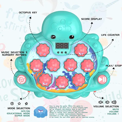 Miniatura 3 de Juego Octopus Vitality Strike, Juguete Musical Educativo Whack-A-Mole con 2 Modos de Juego, Pantalla de Puntuación Digital, Juguete de Aprendizaje