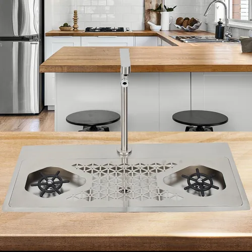 Limpiador de vidrio de doble cabeza con grifo, lavavajillas de vidrio de acero inoxidable para fregadero de cocina, limpiador de vasos para