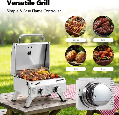 Miniatura 5 de ROVSUN Parrilla portátil de gas propano de 12,000 BTU, parrilla de cocina al aire libre para picnic, camping, caravana, patio, jardín, barbacoa