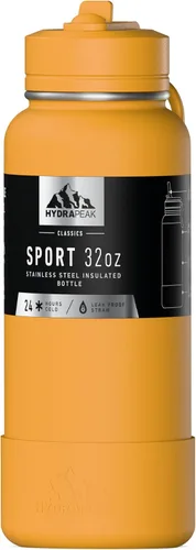 Hydrapeak Botella de agua deportiva aislada de 32 onzas con tapa con popote, a prueba de fugas y derrames, mantiene las bebidas frías durante 24