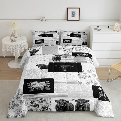 Miniatura 51 de Juego de ropa de cama de vaca de las tierras altas, edredón de ganado de las tierras altas, juego de edredón rosa floral de vaca occidental, juego