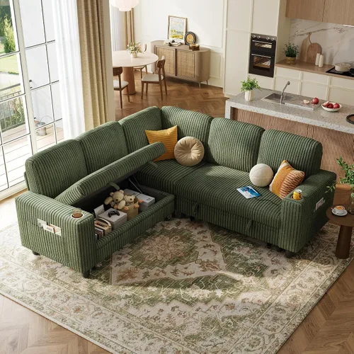 Miniatura 18 de LINSY HOME - Sofá cama extraíble modular con sección para dormir, con almacenamiento, sofá seccional de pana mullida para sala de estar, sofá cama