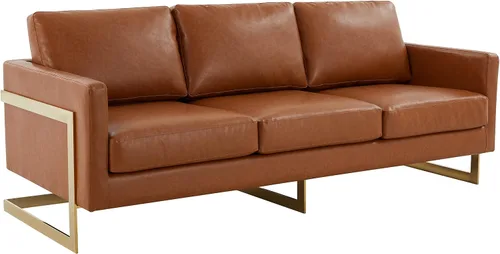 Miniatura 8 de LeisureMod Lincoln - Sofá de cuero moderno de mediados de siglo de 83 pulgadas, sofá tapizado de 3 asientos con marco de metal dorado, muebles