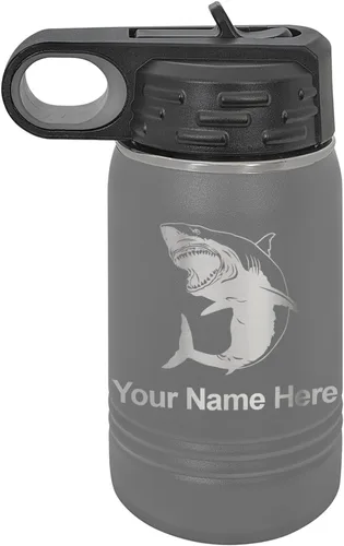 Miniatura 70 de LaserGram Botella de agua personalizada, gran tiburón blanco, acero inoxidable de doble pared aislada al vacío con popote superior, regalo grabado