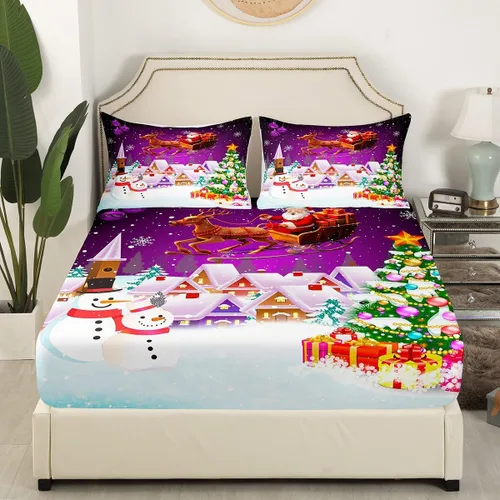 Miniatura 5 de Manfei juego de sábanas de Navidad tamaño completo, juego de ropa de cama con árbol de Navidad en forma de muñeco de nieve para la decoración