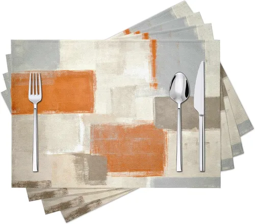 Miniatura 11 de Juego de 4 manteles individuales de arte moderno, color azul y gris, manteles individuales de lino lavables para cocina, mesa de comedor, hogar