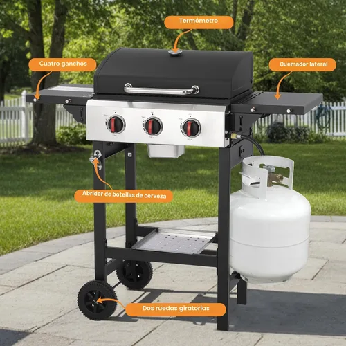 Miniatura 5 de Parrilla de gas propano con mesas laterales plegables, parrilla de gas de 3 quemadores con rejillas de hierro fundido y parrilla de acero