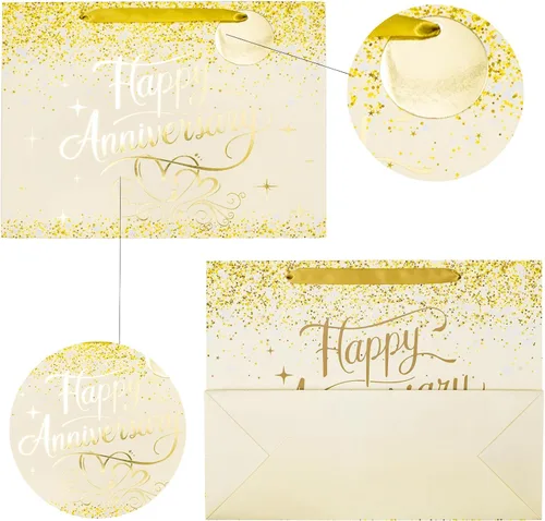 Miniatura 7 de LeZakaa 13" Wedding Anniversary Bag with Tissue Paper, Tag & Greeting Card, Happy Anniversary Gold Glitter Gift Bag for Couple, Parents, Wife
